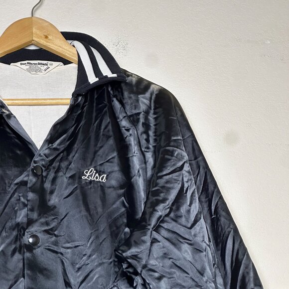 VTG Don Alleson Bomber Satin Varsity Jacket Women M Black "Lisa" 90s Button Up - Picture 10 of 15